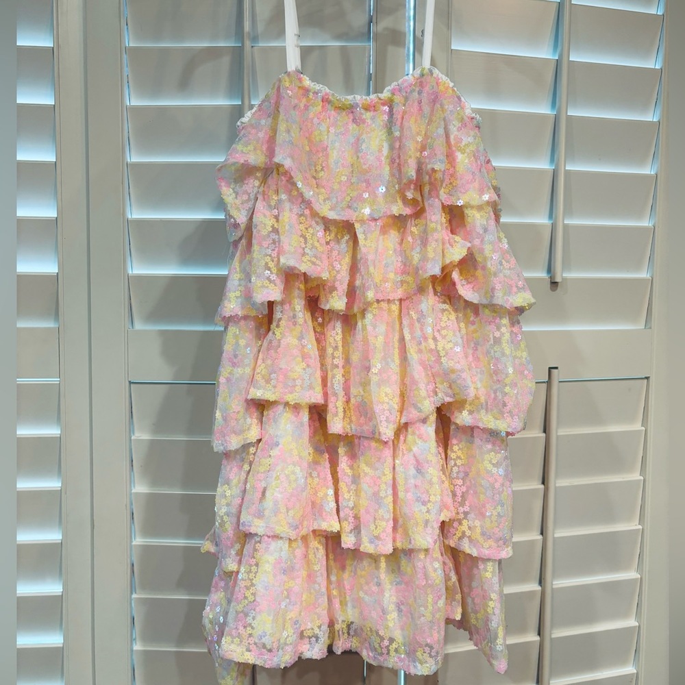 MABLE MARIAM MINI DRESS sequins ruffles sparkly size Small pink yellow pastel - Picture 3 of 15